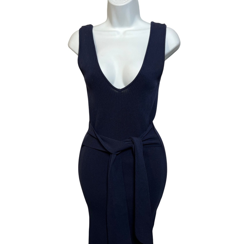 Whyte Valentyne‎ Navy Blue Ribbed Knit V-Neck Tie Waist Maxi Dress Size 8